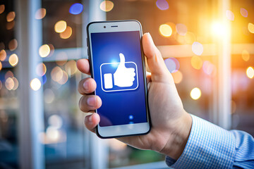 Hand holding smartphone with like button on the screen. Mobile application, modern technology concept. Social Media Interaction. Social network communication on mobile app.