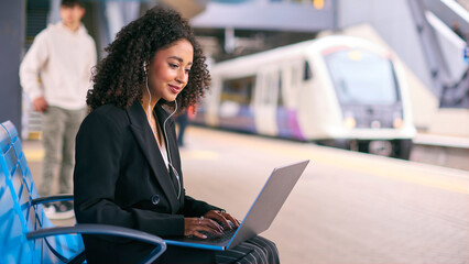 Businesswoman Commuting On Train Platform Working On Laptop Wearing Earphones