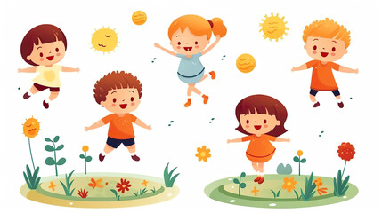 On an isolated white background, kids are bouncing on a trampoline.