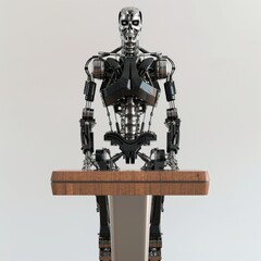 Fototapeta premium A terminator-style skeletal steel robot standing behind a lectern in a white background.