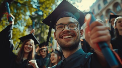 Fototapeta premium Achieving Success Together - Close-up of Graduate's Hand Holding Diploma with Celebrating Classmates in Background