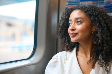 Close Up Of Businesswoman Commuting To Work On Train Sitting And Relaxing Looking Out Of Window