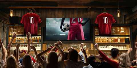 Soccer Night at Pub. Sports bar during soccer match translation. Crowd of fans with hands lifted in...