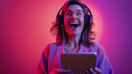 Woman Enjoying Music on Tablet