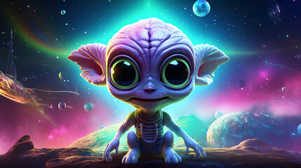 Obraz premium An adorable cartoon alien sits on a distant planet. In the background, there are several planets and stars. The alien is looking at the viewer with big, curious eyes.