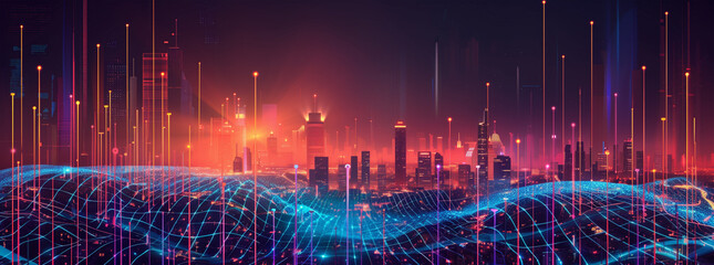 Intersecting Smart City and Abstract Dot Point with Gradient Line and Aesthetic Wave Design, Emphasizing Big Data Connection Technology.