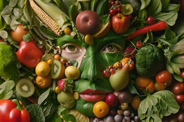 Artistic representation of a woman's face with fruits and vegetables