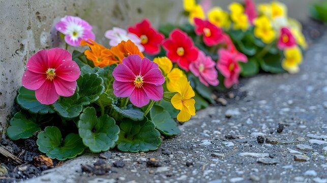 Vibrant Primula Malacoides Blooming on Concrete Sidewalk Romanticizing Nature
