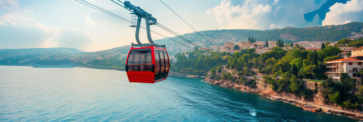 A vibrant red cable car traveling above a calm blue sea with a coastal city and hills in the background