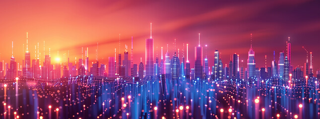 Fototapeta premium Intersecting Smart City and Abstract Dot Point with Gradient Line and Aesthetic Wave Design, Emphasizing Big Data Connection Technology.