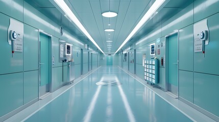 Fototapeta premium Modern Hospital Operating Room Corridor Showcasing Chinese Animation Aesthetics with Cinematic