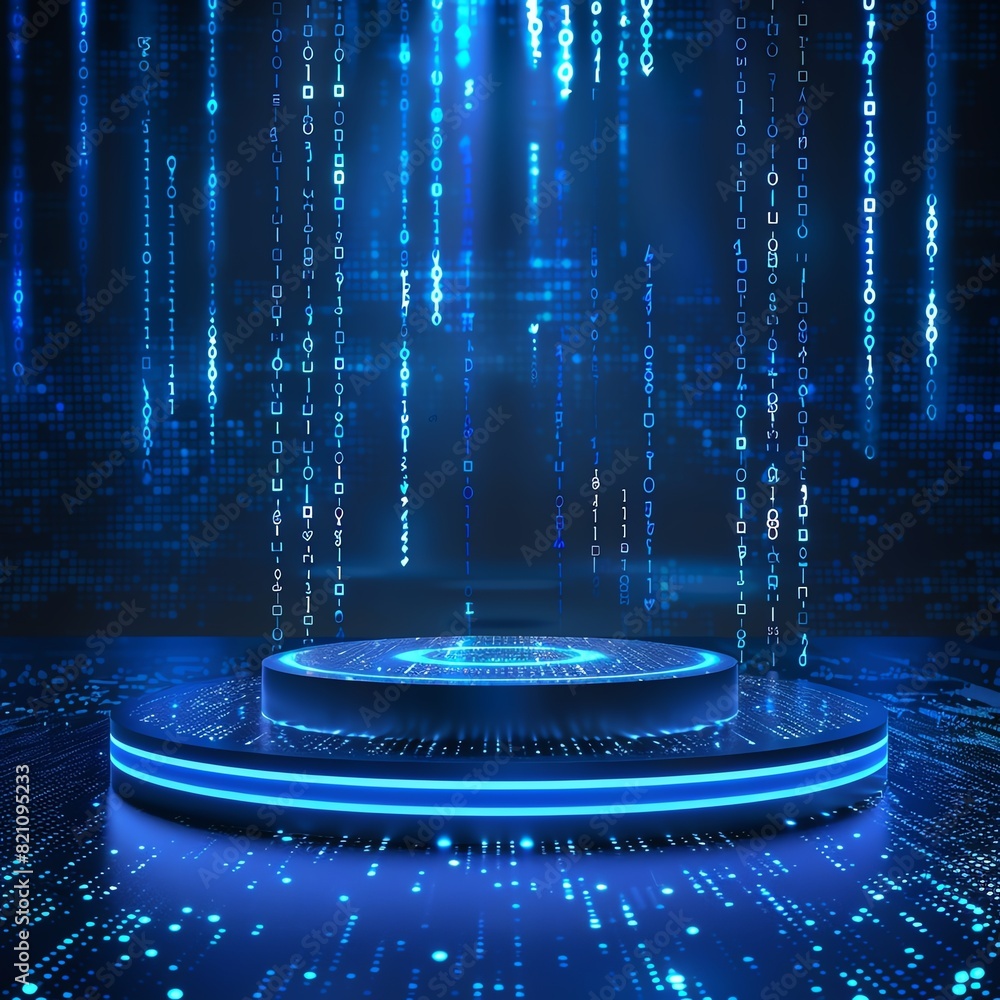 Poster futuristic digital technology background with a glowing platform and blue binary code streams. high-