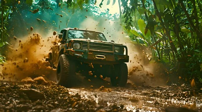 Off-road vehicle splashing mud in a jungle environment