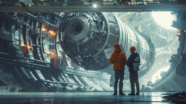 Architect and construction worker on a futuristic space station, reviewing technical blueprints for spaceship assembly.