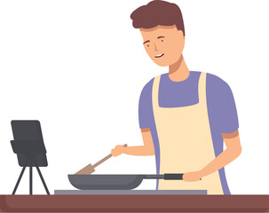 Smiling young man in apron cooking and filming a tutorial with his phone
