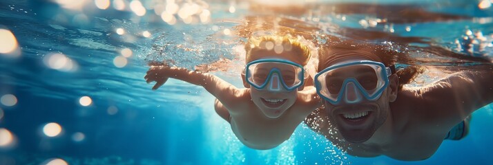 A couple enjoys an underwater adventure with snorkels in a pool, showcasing an active lifestyle - Powered by Adobe