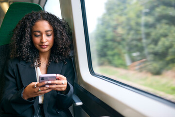 Businesswoman Commuting To Work On Train Sitting Checking Messages Or Social Media On Mobile Phone