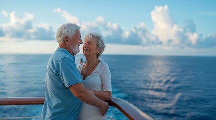 Elderly couple embracing on cruise ship deck at sunset.