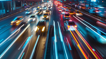 Fast-paced city traffic on an urban highway during evening rush hour, with car headlights and dynamic night transport highlighted by motion blur and long exposure photography