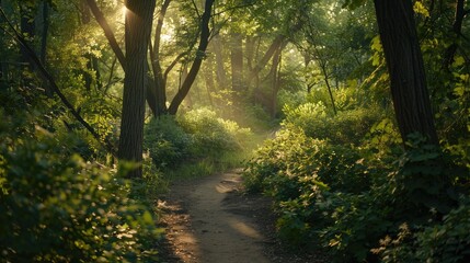 Fototapeta premium Journey Through Emerald Canopy: Enchanting Dirt Road in Verdant Forest
