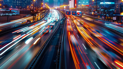 Fast-paced city traffic on an urban highway during evening rush hour, with car headlights and dynamic night transport highlighted by motion blur and long exposure photography