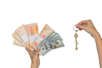 person holding bills and keys with his hands, transaction, negotiation, investment, own house, white background