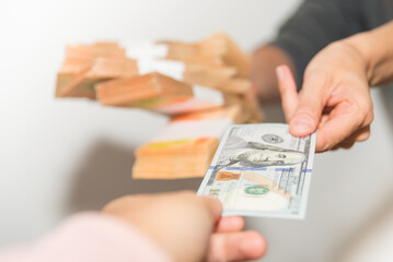 hand receiving dollars, transaction, negotiation, investment, white background