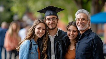 Fototapeta premium Joyful Graduation Celebration: Family Posing with Graduate in Cap and Gown on University Campus