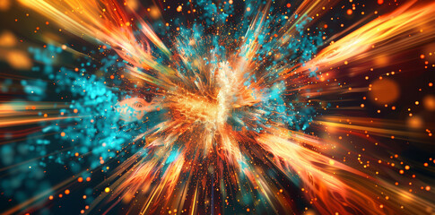 Fototapeta premium Digital Particles Explosion in Abstract Tech Background, Quantum Core, Computing Network System, Artificial Intelligence, and Global Data Connections