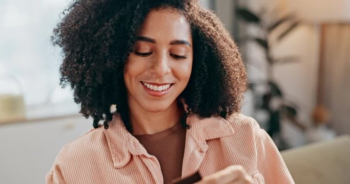Black woman, chocolate and eating on sofa with smile for satisfaction, snack and craving in house. African girl, sweets and happy in home living room on couch for Swiss candy, dessert and sugar food