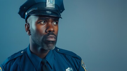 Obraz premium A police officer in a blue uniform and hat looks serious while posing against a plain blue backdrop under studio lighting.