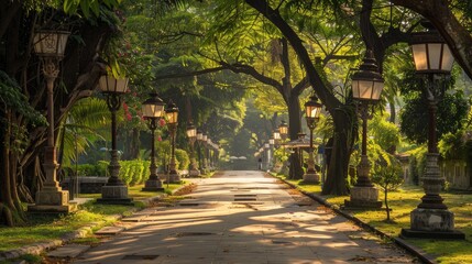 Obraz premium Enchanted Pathway: Trees Adorned With Lanterns