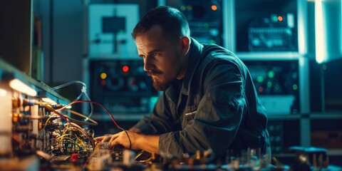 An electronics technician with a blurred face works on a complex circuit board in a lab