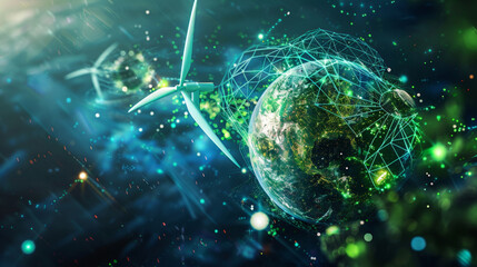 Obraz premium Digital rendering of Earth with wind turbines, ecology