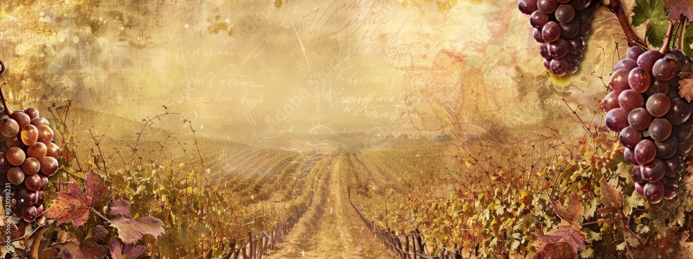 Poster a rustic, vineyard background with grapevines and rustic textures.