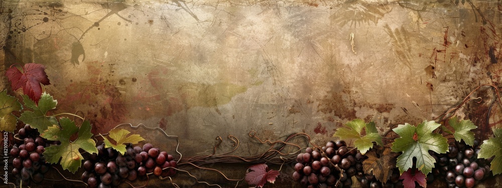 Poster a rustic, vineyard background with grapevines and rustic textures.