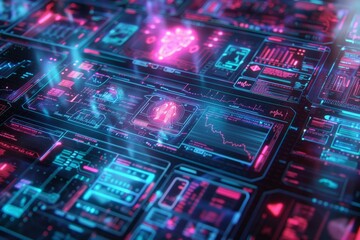 Obraz premium High-tech digital interface featuring holographic data displays and charts, showcasing advanced technology and futuristic design elements.