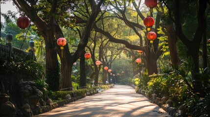 Enchanted Pathway: Trees Adorned With Red Lanterns