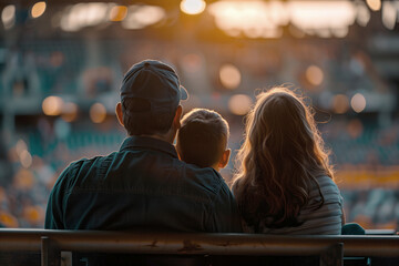 Back side of father and children sitting in the stands Attend sporting events in the evening
