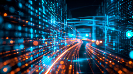 Fototapeta premium ech backdrop featuring glowing fiber optic links, quantum computing network, and electronic global intelligence
