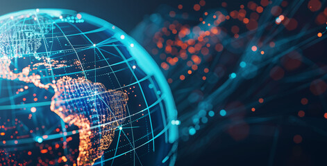 Global Network Hub, America-Centric Digital World Globe, Signifying High-Speed Data Transfer, Cyber Technology, and International Information Exchange