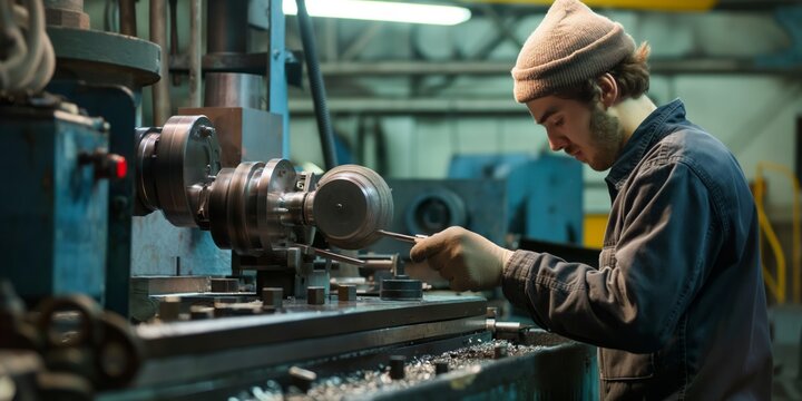 Blurred-face machinist operates a lathe to shape a metal piece in a manufacturing workshop