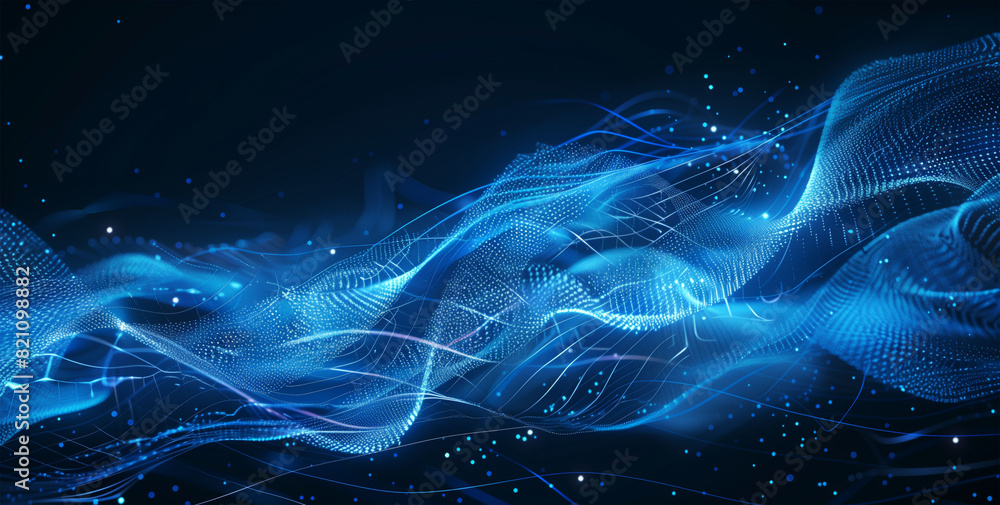 Poster dynamic blue tech backdrop featuring digital waves, interconnected network systems, artificial neura