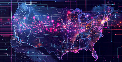 Obraz premium Mapping the USA's Digital Landscape, Illustrating American Global Connectivity, Data Transmission, Cyber Technology, Electronic Voting, Information Exchange, and Telecommunication