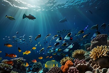 beautiful underwater scenery with various types of fish and coral reefs. Generative AI 
