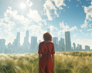 Obraz na płótnie Canvas back-view , Lonely woman standing in a field of wheat looking at a city on the horizon.