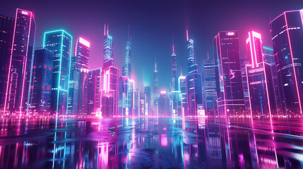 Obraz premium Futuristic cityscape at night, illuminated by neon lights, showcasing advanced urban development and smart city technology