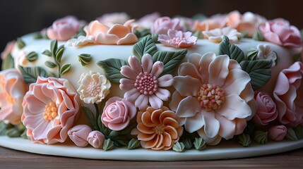 A floral-inspired birthday cake decorated with delicate sugar flowers and leaves, reminiscent of a blooming garden