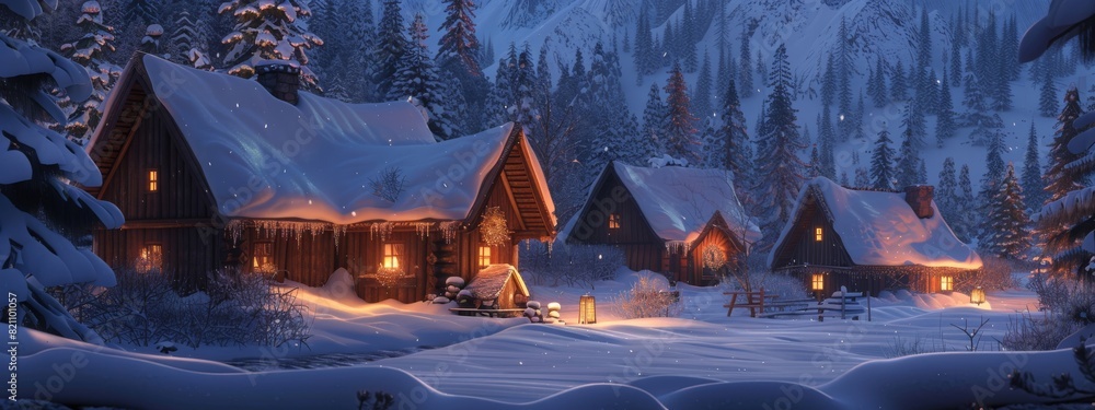 Wall mural a serene, mountain cabin background with snow-covered roofs and cozy light.