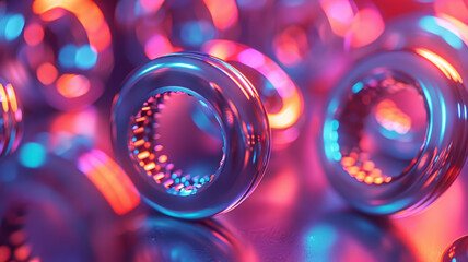Close-up of glowing metallic rings with neon lights
